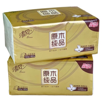 清风抽纸150抽三层m码原木金装