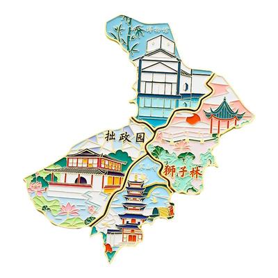 苏州园林文创博物馆旅游纪念品 中国城市地图定制金属冰箱贴磁贴