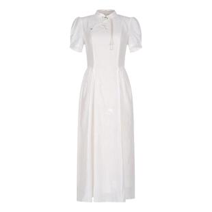 【特价】固执夏季清冷感新中式气质国风刺绣泡泡短袖米白色连衣裙