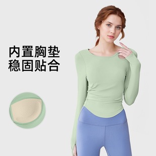 健身服女 运动上衣跑步训练普拉提修身 新款 跨境斜肩镂空抽褶长袖