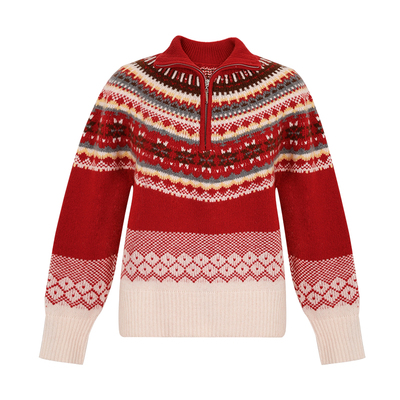 Miorastudio法式复古红色费尔岛毛衣宽松显瘦提花半开拉链针织衫