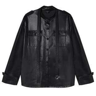 白鹿语复古老钱风仿皮外套25秋新款高级感收腰显瘦PU皮衬衫上衣