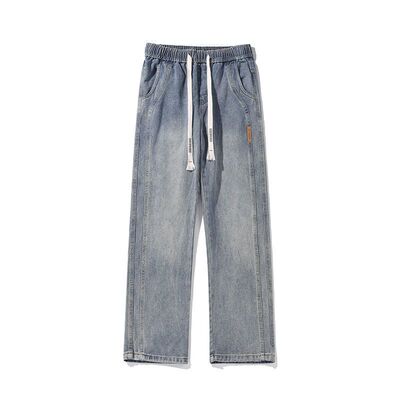 牛仔裤男款美式复古水洗宽松直筒休闲长裤秋冬加绒加厚抽绳阔腿裤