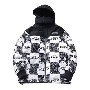 GUUKA潮牌棋盘格羽绒服男新款 学生嘻哈印花运动厚面包服外套宽松