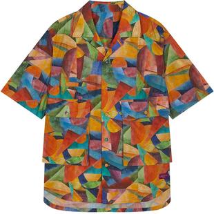 速写男装夏季新款衬衫翻领印花宽松设计感时髦前卫潮流短袖衬衣