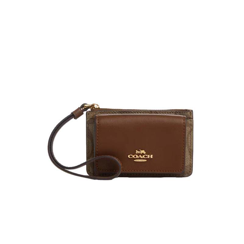 【自营】COACH/蔻驰经典老花拉链开合PVC拼牛剖层革卡包钱包女款