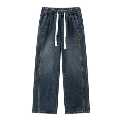 美式复古加绒加厚牛仔裤男款宽松直筒抽绳休闲长裤秋冬保暖阔腿裤