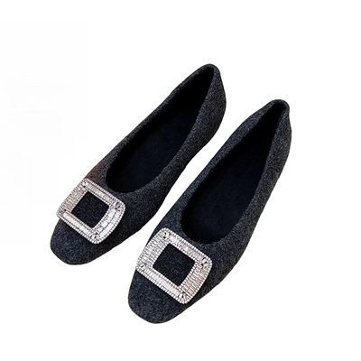 毛呢加绒玛丽珍水钻法式毛毛单鞋