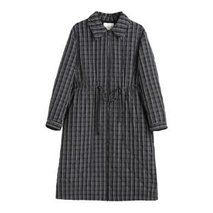 蒲PUKKA 秋冬季棉衣女翻领格纹中长款宽松抽绳收腰翻领棉服外套