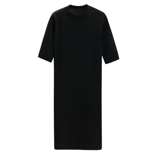 黑色针织连衣裙早秋宽松显瘦纸片人长款五分袖打底半高领内搭裙子
