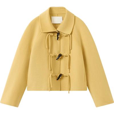 播翻领牛角扣短款灰色毛呢外套女秋冬宽松上衣DDS4AD5284