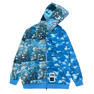 迷彩鲨鱼连帽外套街头男美式复古油画开衫拉链刺绣卫衣春秋冬长袖