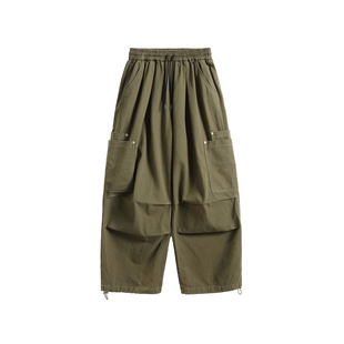 军绿色纯棉直筒工装裤男春季新款美式宽松伞兵裤男款百搭休闲长裤