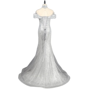 热巴同款一字肩礼服女年会主持人名媛气质优雅鱼尾晚礼服演出服