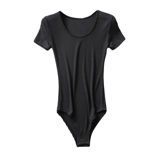 VJISHA 低圆领紧身显瘦打底连体衣弹力螺纹棉性感修身纯色连裆T恤