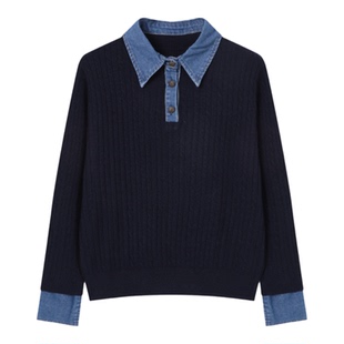 百家好假两件牛仔领拼翻领灰色针织衫女春季新款减龄打底内搭毛衫