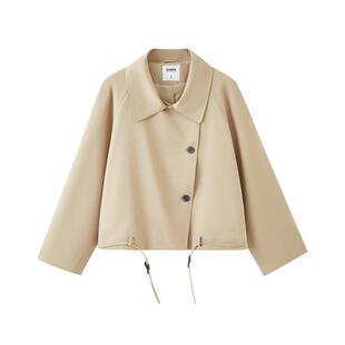 三福卡其色外套2026新款春季都市宽松翻领短款风衣夹克女装852437