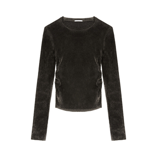 OMITI省略 进口醋酸植绒网纱T恤女丝绒修身打底上衣26早春新品