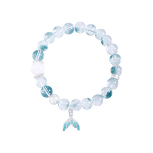 海蓝宝串珠白水晶手链女款珐琅彩鱼尾手串轻奢小众精致闺蜜手饰品