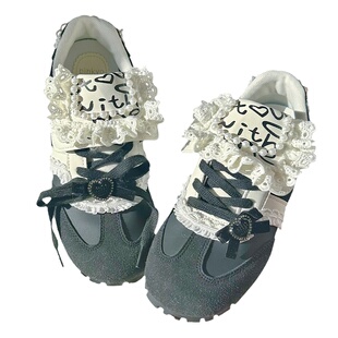 PINKYO原创可爱蝴蝶结拼色百搭德训鞋女新款泡芙鞋平底运动休闲鞋