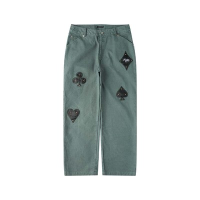 Randomevent扑克工装裤皮牌补丁伐木装水洗成衣染色纯棉竹节纹理