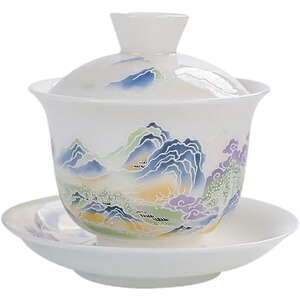 羊脂玉陶瓷功夫茶具悬停盖碗单个泡茶碗三才碗敬茶碗茶杯家用白瓷