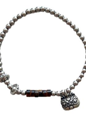 s925银复古做旧招财醒狮手链