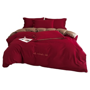 轻奢高级感100S红色四件套结婚床上用品全棉喜被婚庆简约高端婚嫁