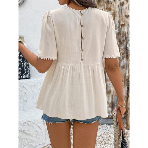 P 95398 Ruffle Crew Neck Women's Blouse 花边圆领短袖女士衬衣
