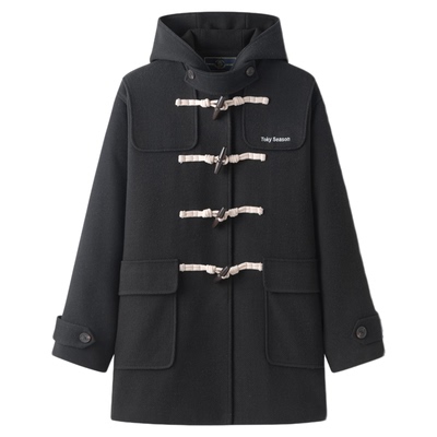 东京岁时记学院风黑色牛角扣大衣