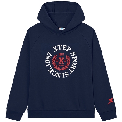 特步童装2025冬季新款男大童保暖休闲卫衣中大童连帽美式印花上衣