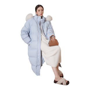 竹依依2025春季新款淡蓝色大毛领连帽羽绒服女高级感中长款鹅绒服