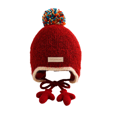 儿童帽子冬季红色加厚毛线帽