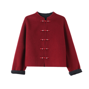 喜婆婆国风新中式妈妈装短款双面呢羊绒大衣女秋冬季高级羊毛外套