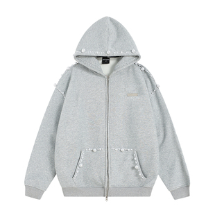 INSstudios 国潮牌情侣美式不规则珍珠连帽卫衣宽松加绒开衫外套