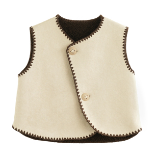 砚台家森系儿童刺绣马甲秋冬款女童洋气坎肩上衣女宝加绒三色背心