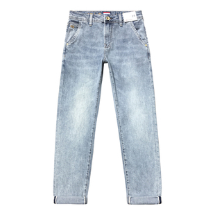 斜纹面料斜插裤兜九分牛仔裤男高端浅蓝色修身小脚长裤夏季薄款