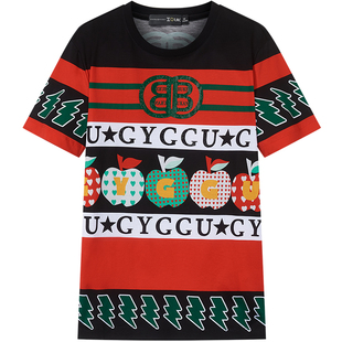 ZOUK2022新款男装欧货轻奢撞色条纹t恤男短袖烫钻纯棉男士体恤夏