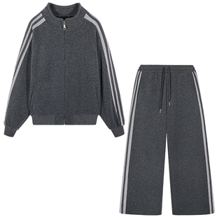 今屿花花 韩系早秋穿搭套装灰色两件套设计感套装裤立领运动套装