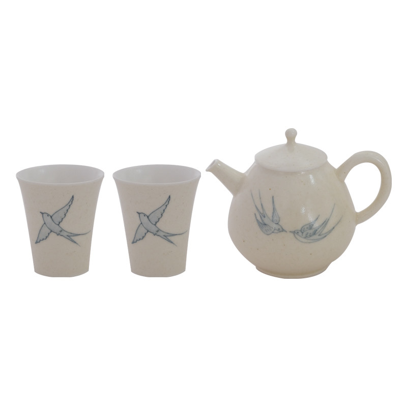 旷野集 手绘燕子泡茶壶景德镇陶瓷茶壶套装家用茶具一壶两杯送礼
