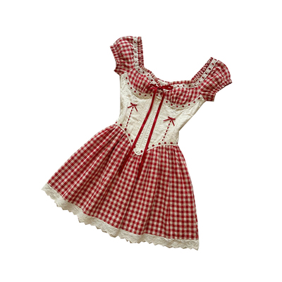 卓雅红色格纹拼蕾丝泡泡袖连衣裙