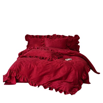 法式浪漫花边婚庆四件套纯棉100S长绒棉提花红色结婚被套床单床笠