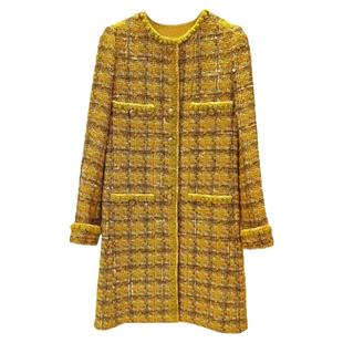 高级手工坊系列黄色格子圆领小香风外套女2025秋冬新款粗花呢套装