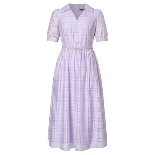 Lakoradior拉珂蒂商场同款优雅淡紫短袖连衣裙女春季翻领格子裙