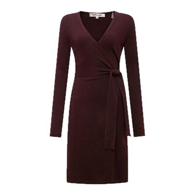 DVF可可棕V领毛衣裙裹身连衣裙