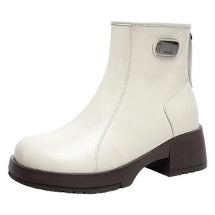 全牛皮白色高跟短靴冬季加绒女鞋真皮羊毛皮鞋女士棉鞋软皮瘦瘦靴