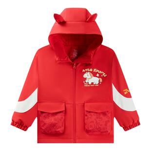 安踏男童红色外套马年新款连帽加绒女宝宝婴幼儿摇粒绒春新款童装