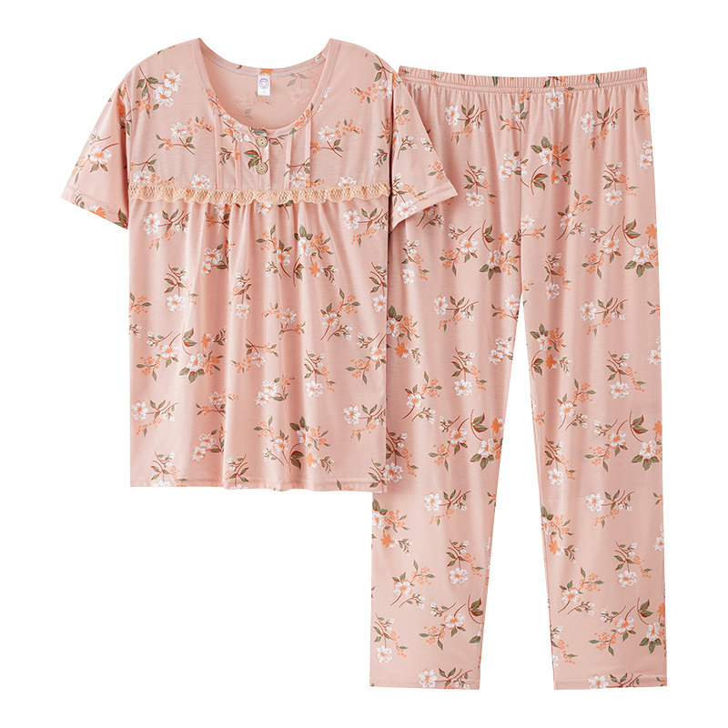 南极下睡衣女士纯棉中年妈妈春季加肥大妈套装薄款中老年家居服夏