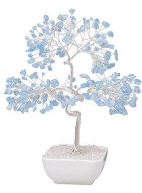 天然海蓝宝水晶发财树摆件