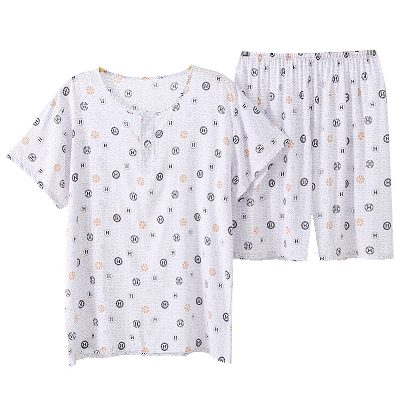 夏季绵绸睡衣纯棉绸男士爸爸薄款短袖韩版空调服夏天套装宽松大码
